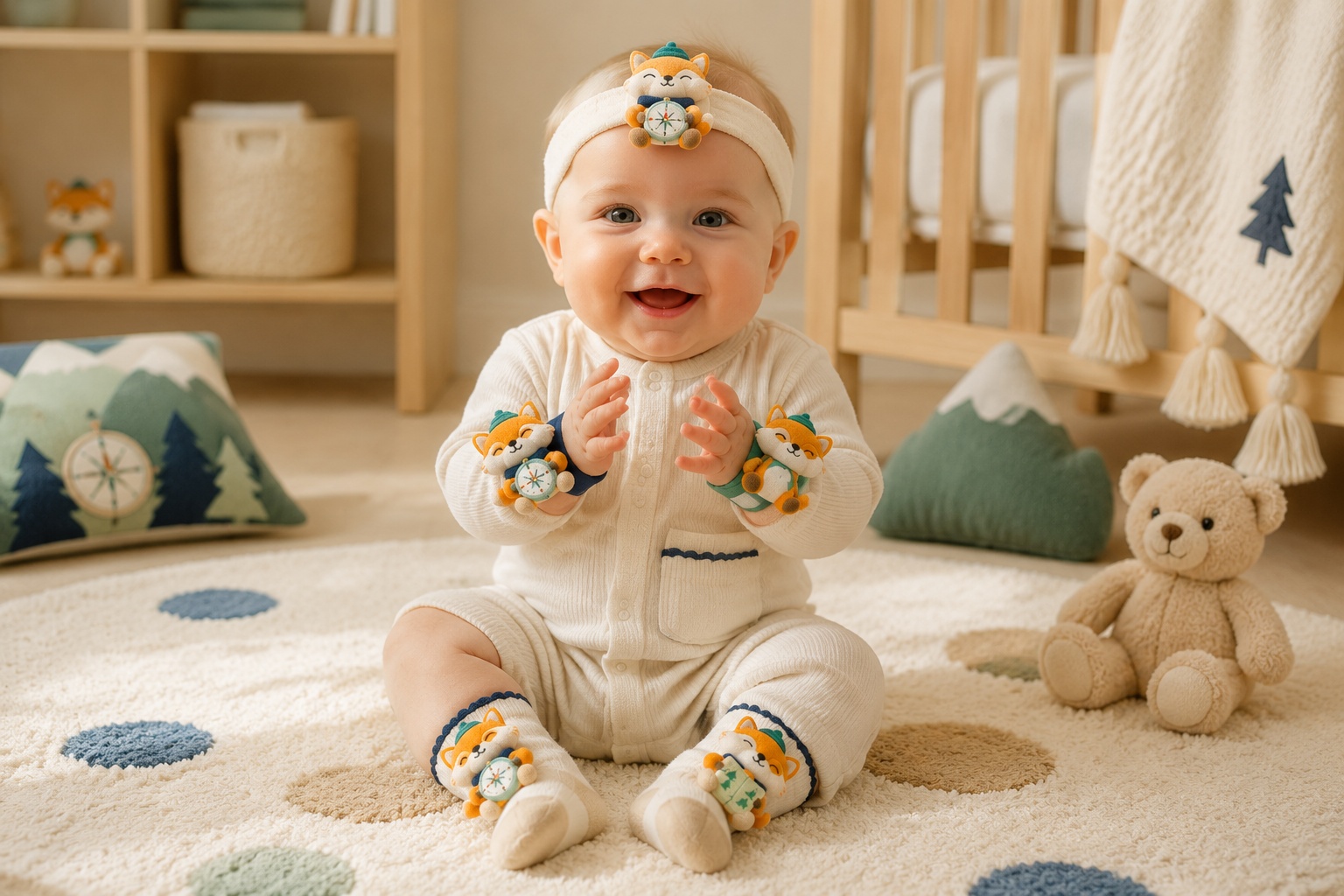 Premium Adventure Fox Baby Gift Set – Plush Fox Headband, Socks & Wristbands Collection for Boutique Retailers