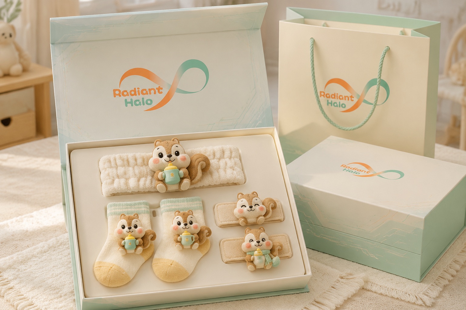 Wholesale Woodland Squirrel Baby Gift Set – Plush Headband, Wristbands & Socks for Boutiques and Private Label