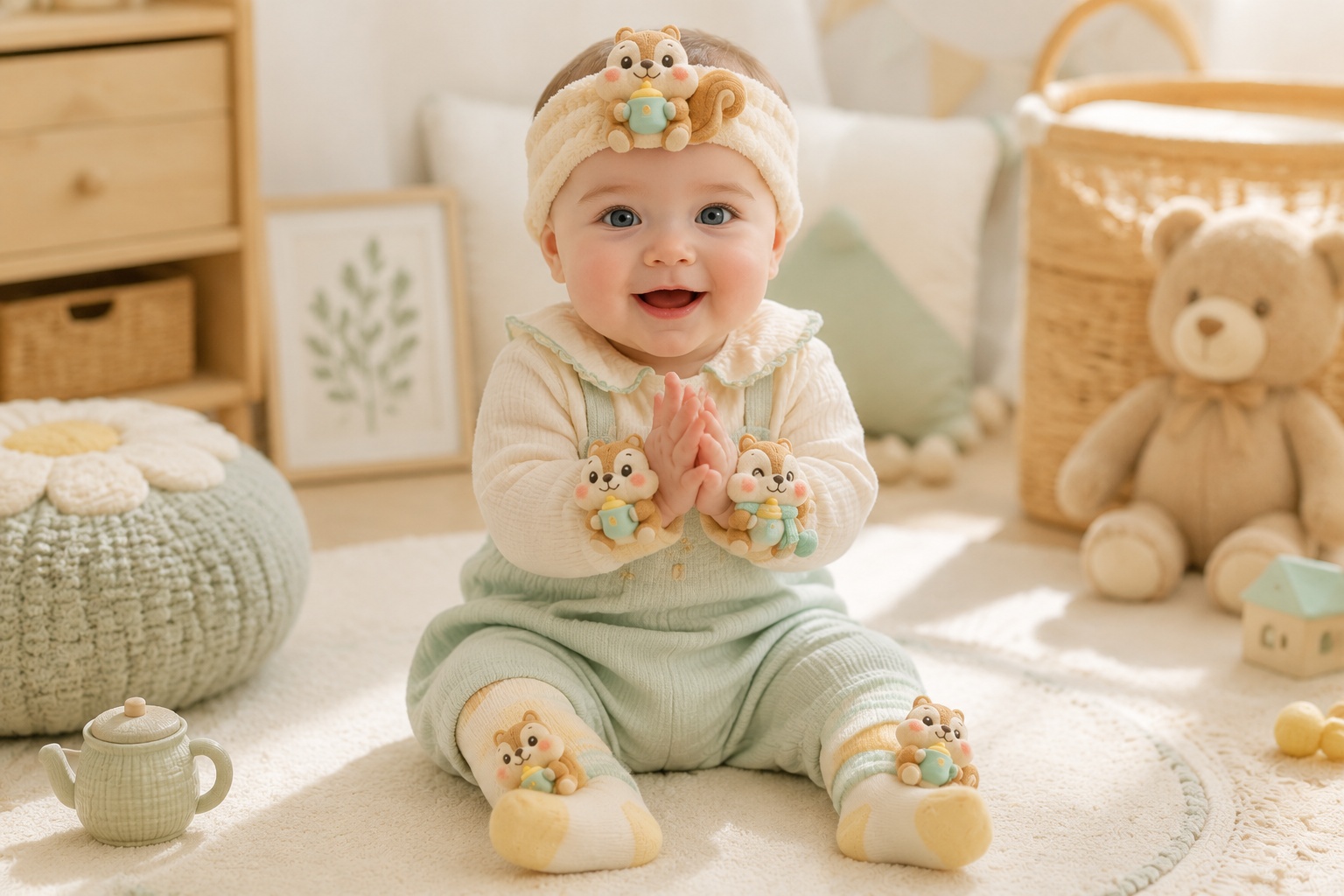 Wholesale Woodland Squirrel Baby Gift Set – Plush Headband, Wristbands & Socks for Boutiques and Private Label