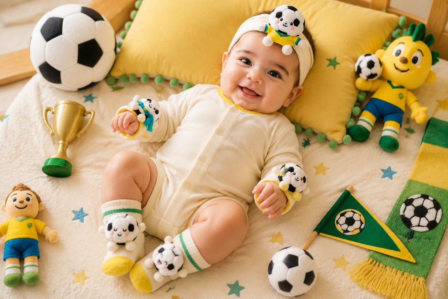Wholesale Yellow Soccer Plush Baby Gift Set with Headband, Socks & Wrist Rattles
