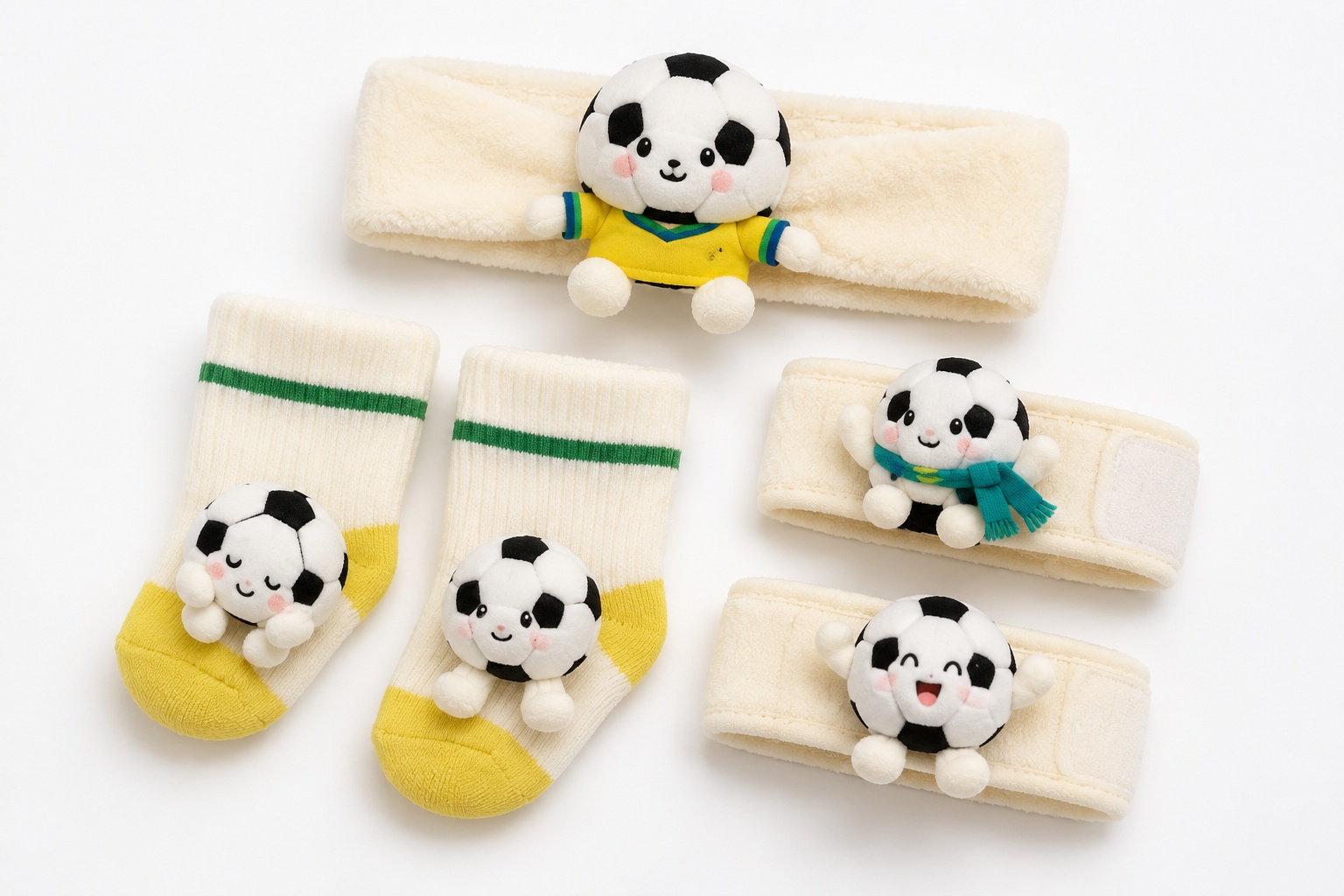 Wholesale Yellow Soccer Plush Baby Gift Set with Headband, Socks & Wrist Rattles