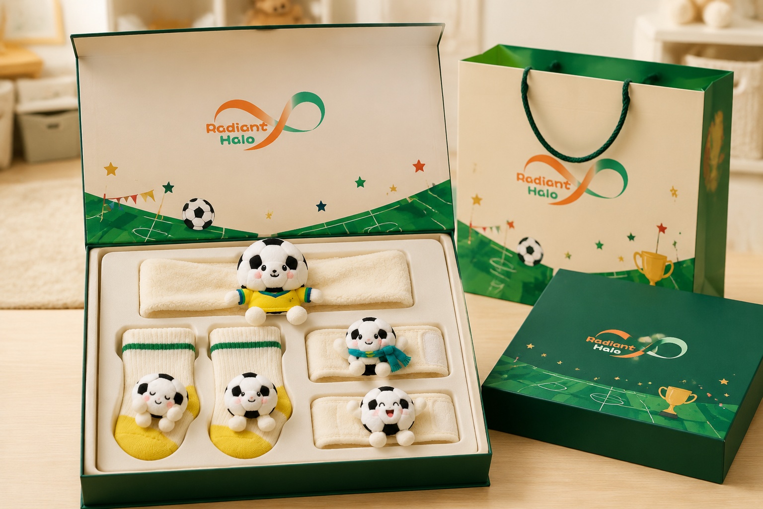 Wholesale Yellow Soccer Plush Baby Gift Set with Headband, Socks & Wrist Rattles
