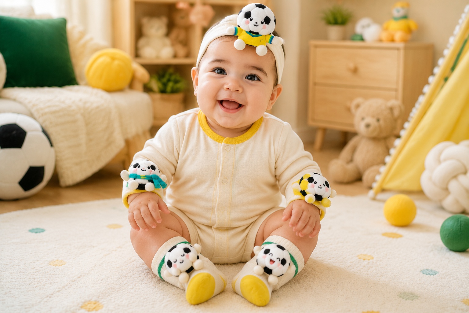 Wholesale Yellow Soccer Plush Baby Gift Set with Headband, Socks & Wrist Rattles