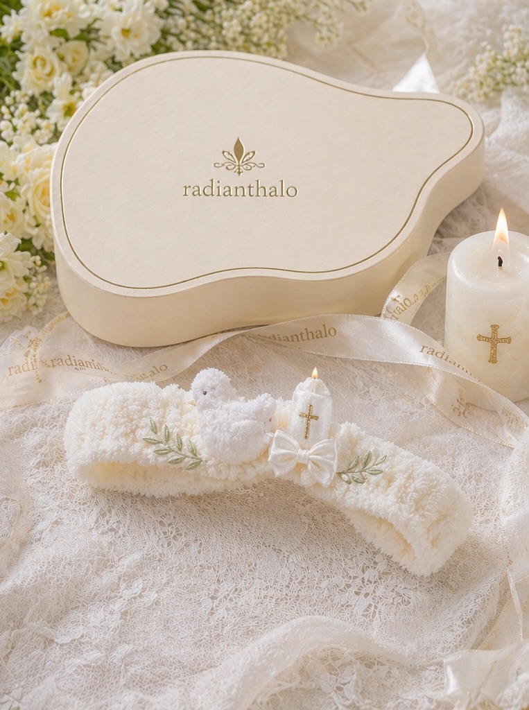 Grossiste Série Baptême Bandeau Bébé Poupée Amovible avec Colombe, Bougie et Fleurs pour Boutiques