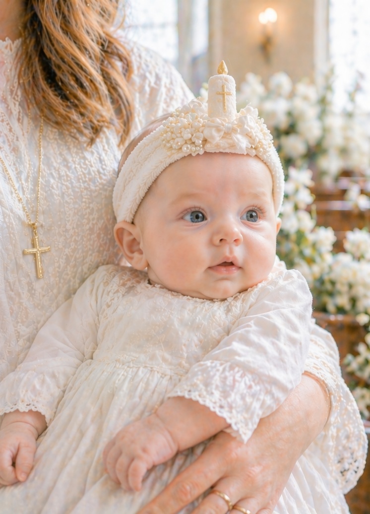 Diadema de bautizo para bebé con muñeca desmontable de vela y cruz