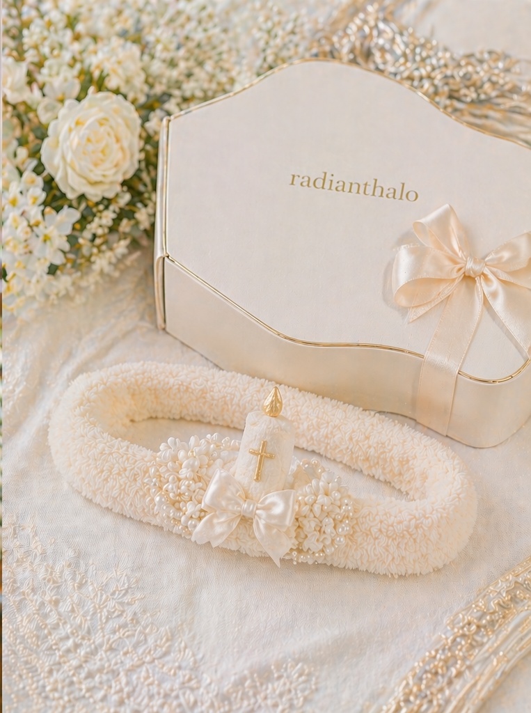 Diadema de bautizo para bebé con muñeca desmontable de vela y cruz