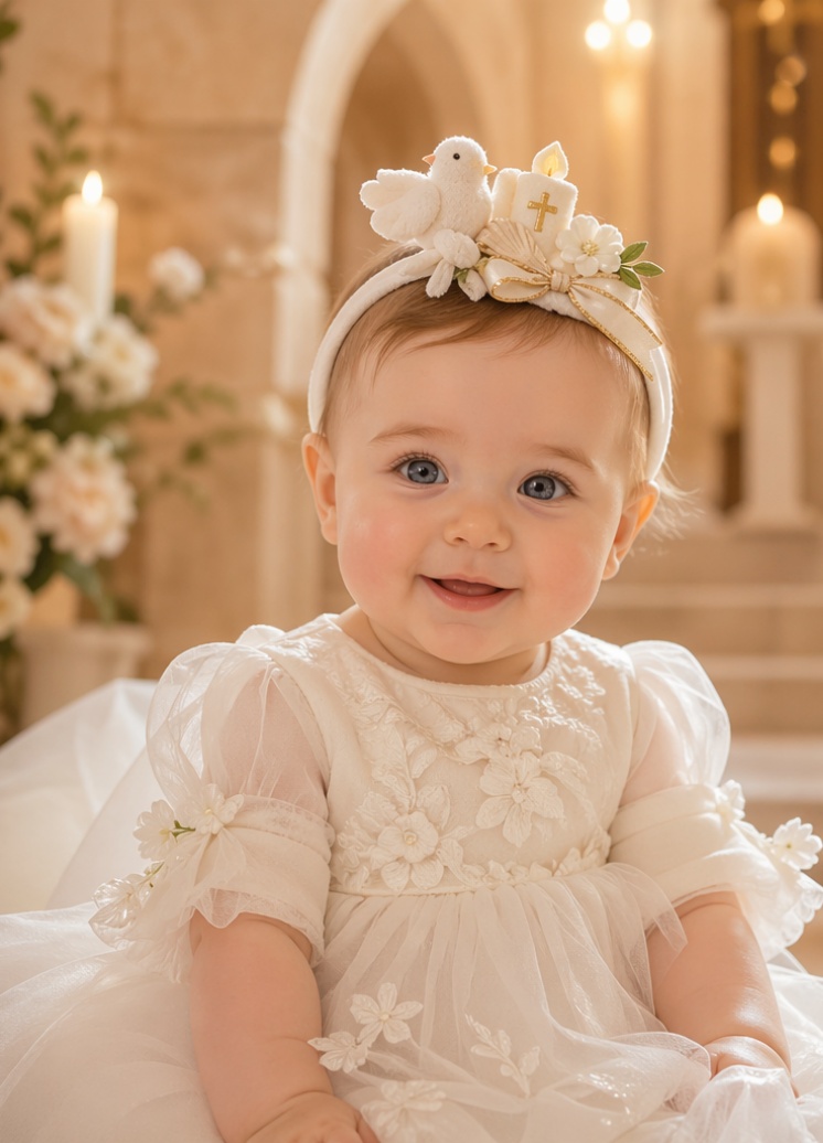 Custom Dove Candle Cross Baby Baptism Headband with Detachable Plush Doll Topper