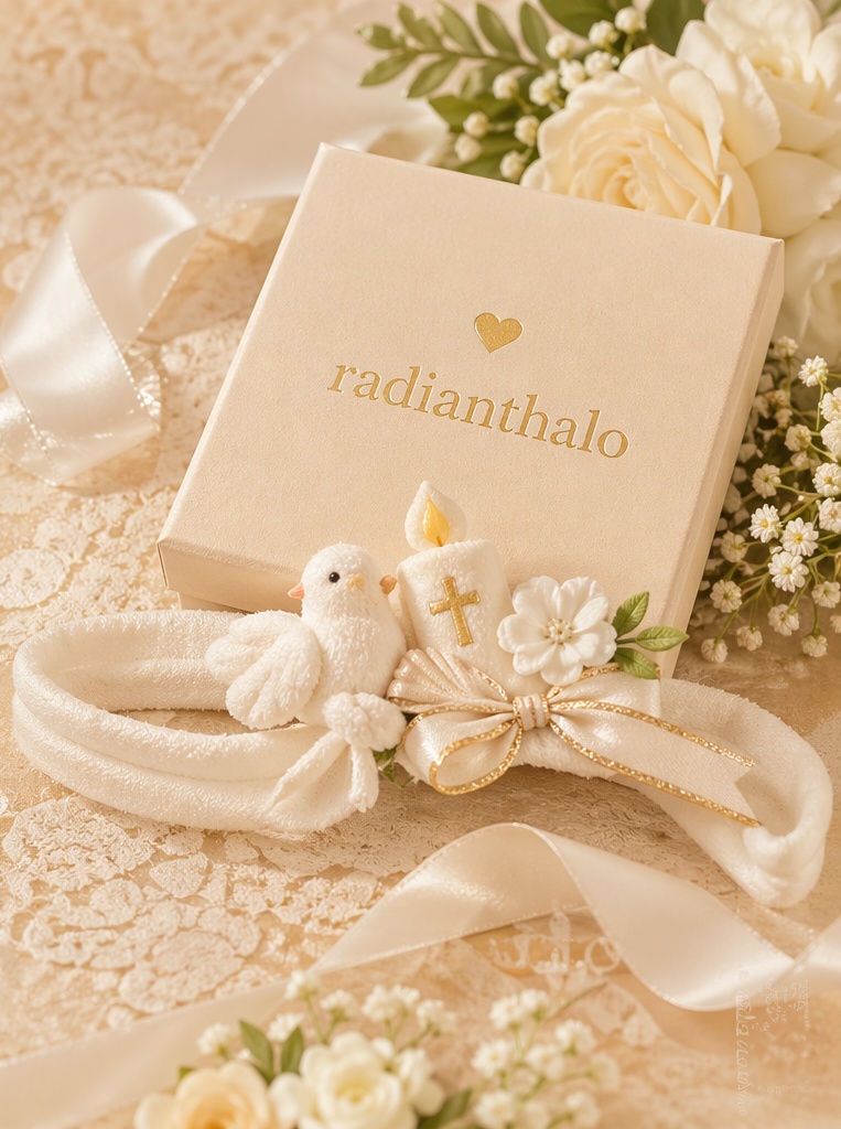 Custom Dove Candle Cross Baby Baptism Headband with Detachable Plush Doll Topper