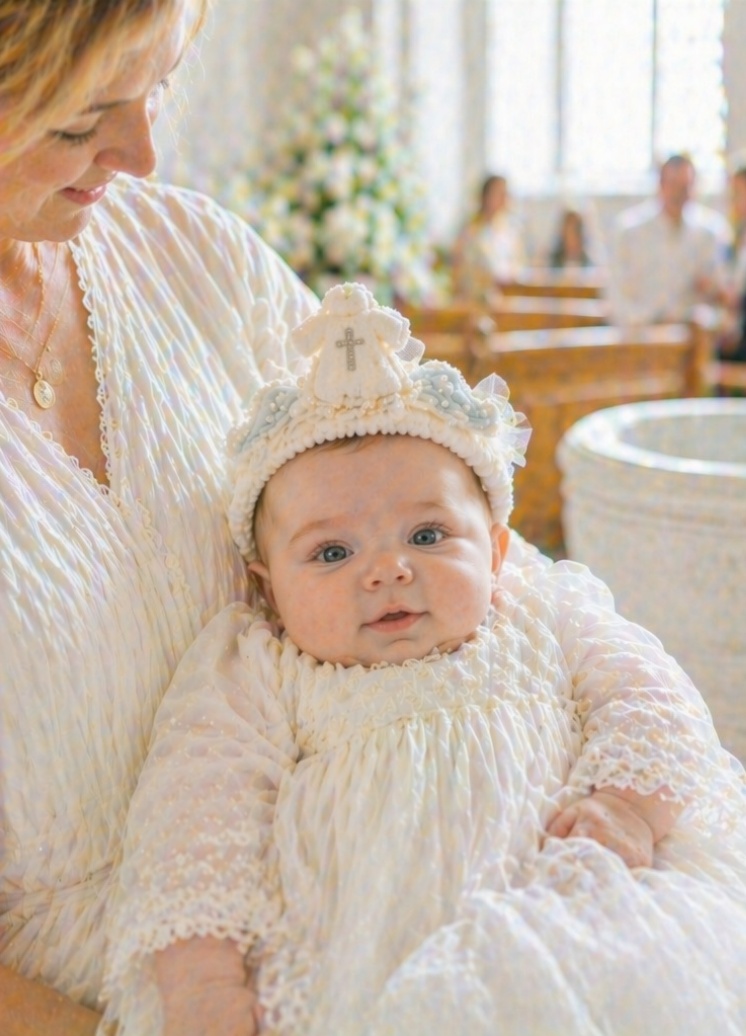 👼 Faixa de Batismo para Bebê com Anjo de Pelúcia Removível, Cruz Bordada e Flores Azuis para Atacado