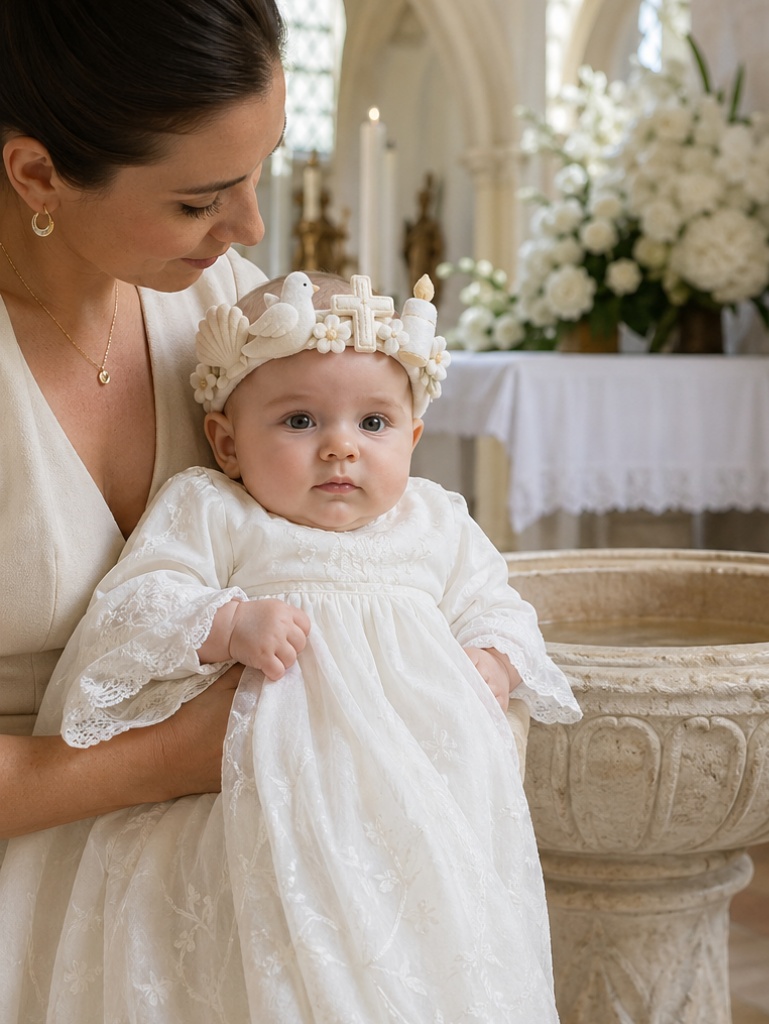 Wholesale OEM Baby Baptism Detachable Plush Doll Headband with Cross Dove Candle Appliqués