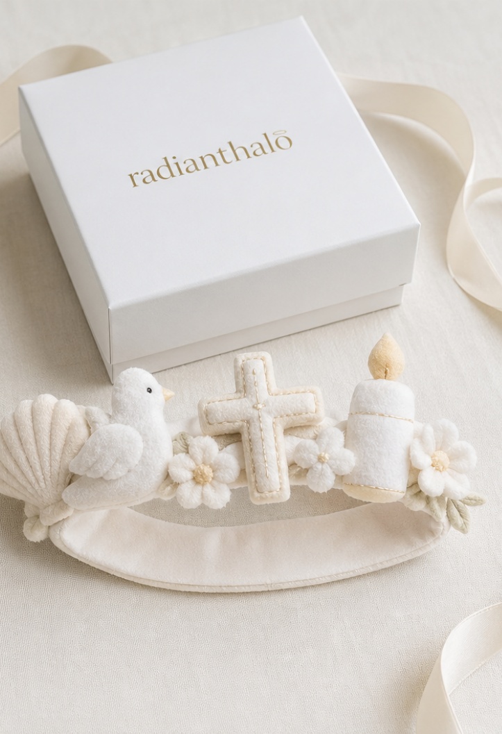 Wholesale OEM Baby Baptism Detachable Plush Doll Headband with Cross Dove Candle Appliqués