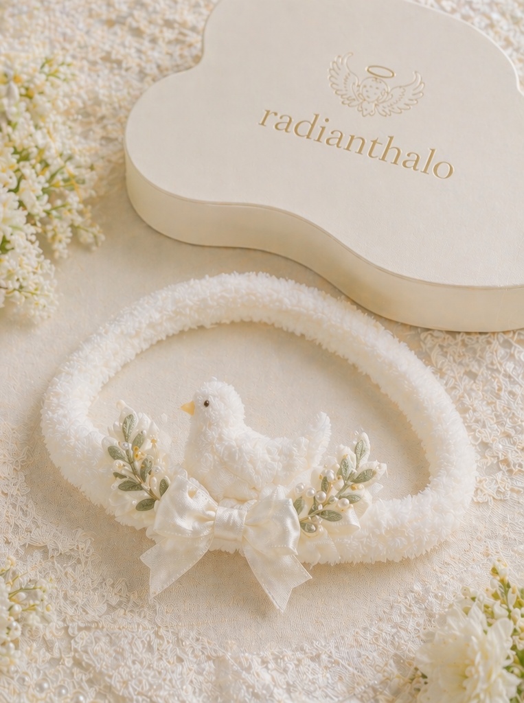 Diadema de Bautizo para Bebé al por Mayor OEM con Muñeco de Paloma Desmontable y Lazo Blanco