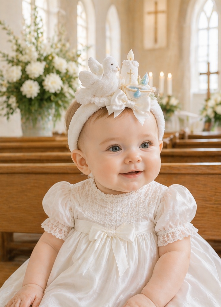 Wholesale OEM Baby Baptism Detachable Plush Dove Candle Bow Headband for Christening Boutiques