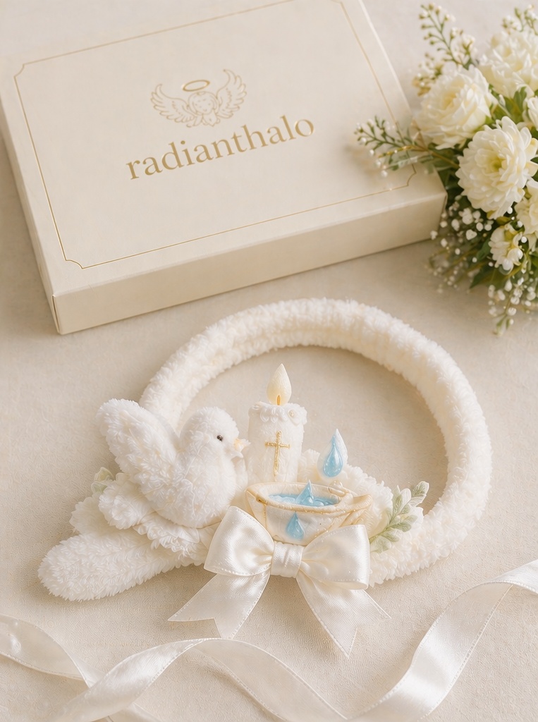 Wholesale OEM Baby Baptism Detachable Plush Dove Candle Bow Headband for Christening Boutiques