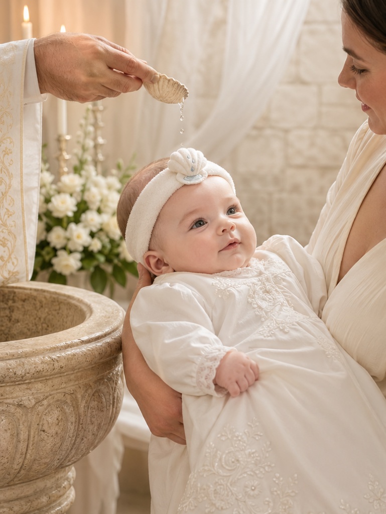 Bandeau de Baptême Bébé en Gros avec Nœud Poupée Amovible Blanc et Détails Brodés