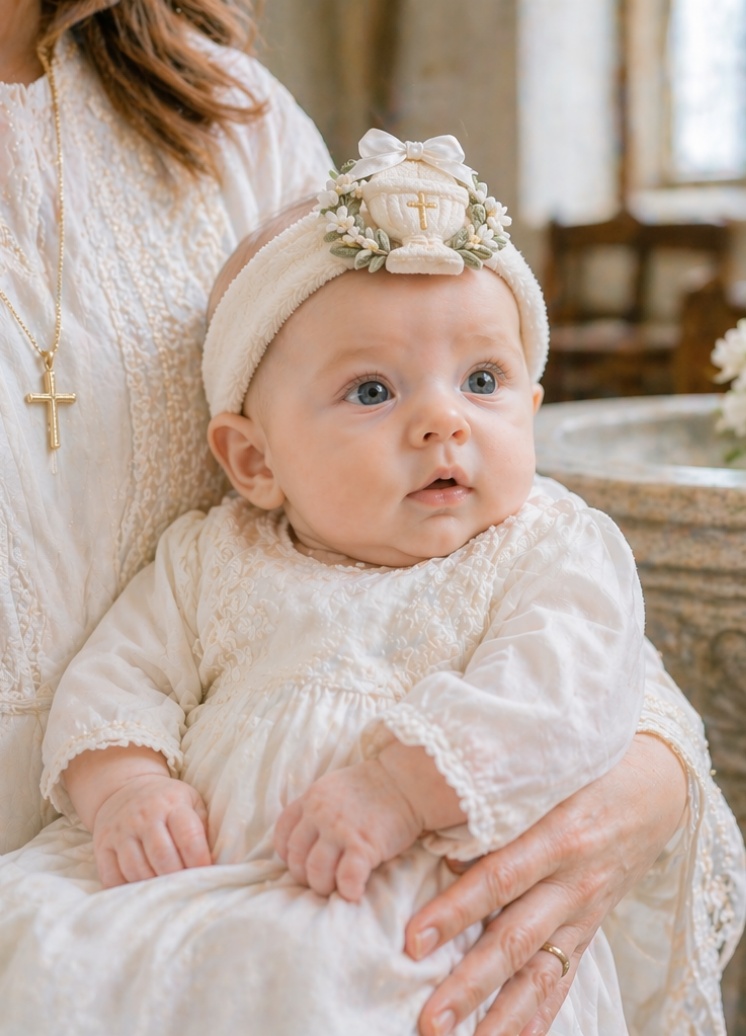 Boutique Communion Chalice Baby Girl Headband with Removable Bow Doll Applique