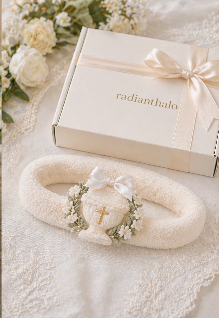 Boutique Communion Chalice Baby Girl Headband with Removable Bow Doll Applique