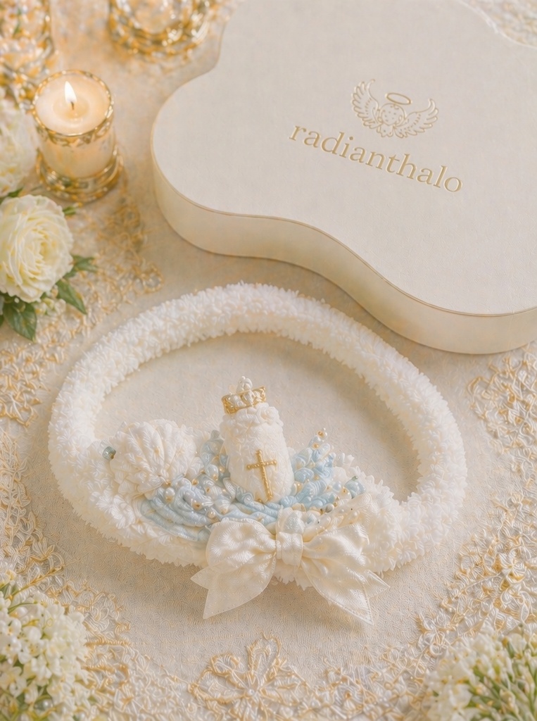 Vente en gros OEM Bandeau amovible pour poupée de baptême avec dentelle ivoire, fleurs perlées et croix dorée pour collections religieuses