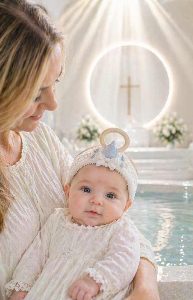 Bentită Baby pentru Botez en-gros cu Aureolă, Decor Picătură Albastră și Ambalaj Cadou Premium