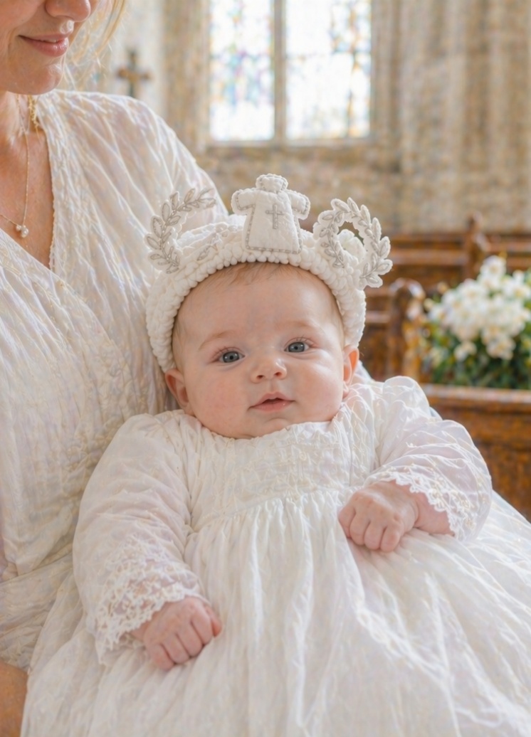 Wholesale Detachable Christening Doll Headband with Embroidered Cross Crown for Baby Baptism