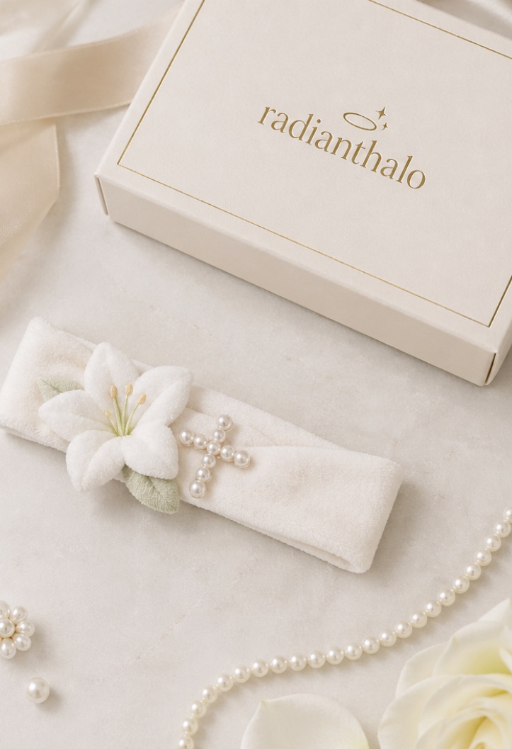 Großhandel Baby Taufe Haarband mit abnehmbarer Puppen-Dekoration, weiches weißes Zeremonie-Accessoire für Boutiquen