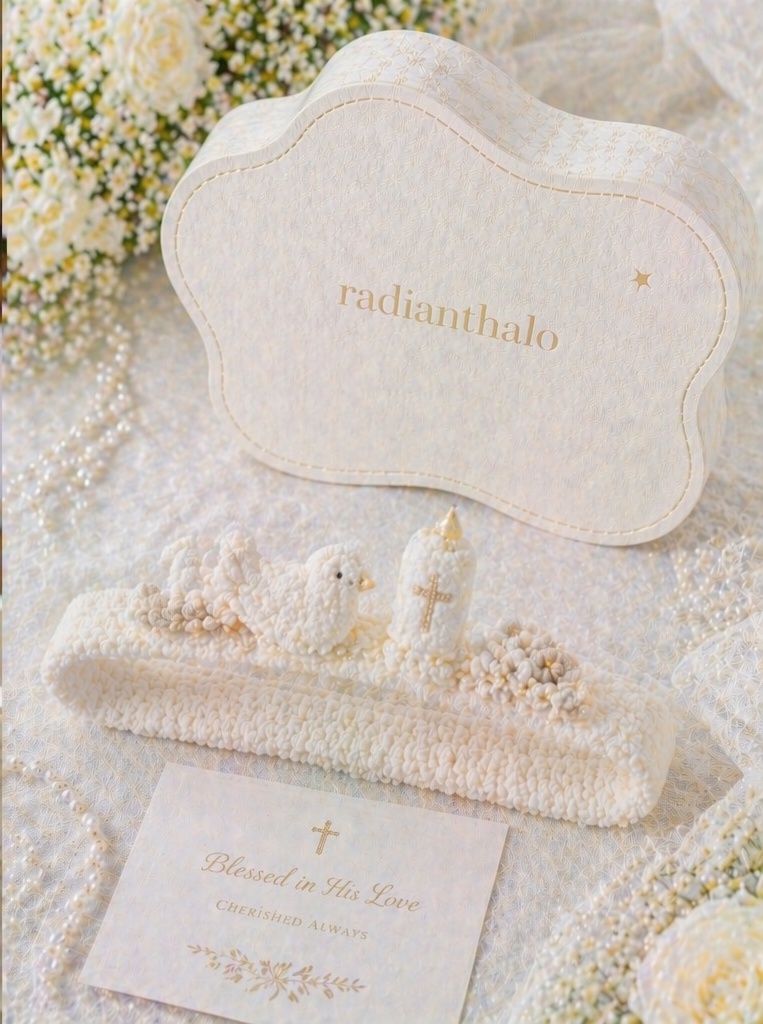 Bandeau de Baptême Bébé Haut de Gamme en Gros avec Colombe, Bougie et Coffret Cadeau pour Boutiques et Cérémonies