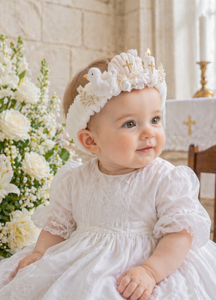 Bentiță Bebe Botez En-Gros cu Figurine Detașabile – Accesoriu Ivory cu Porumbel, Lumânare și Cruce Aurie pentru Boutique