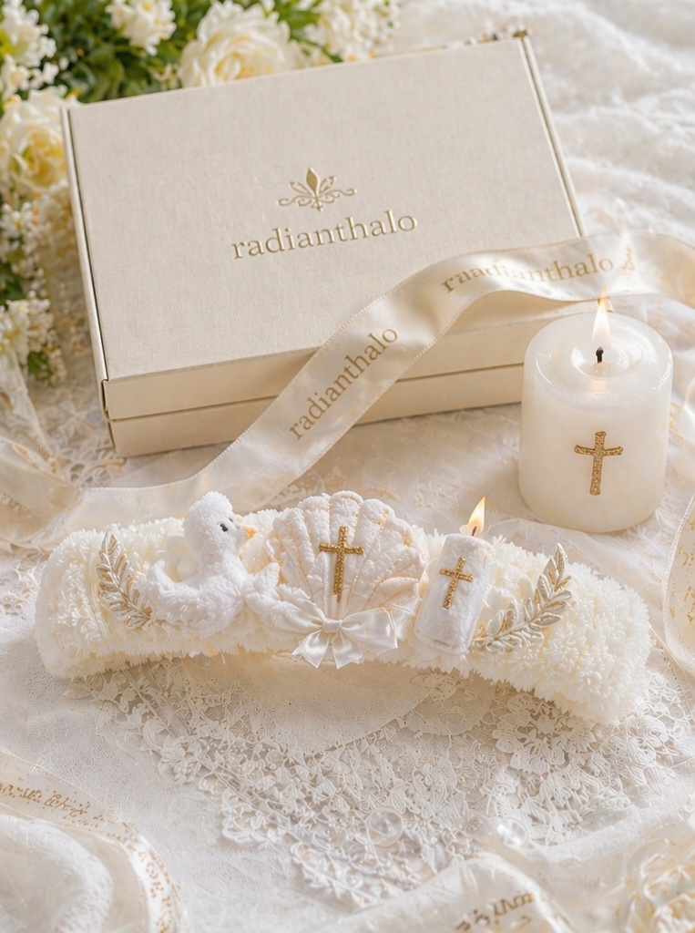Bentiță Bebe Botez En-Gros cu Figurine Detașabile – Accesoriu Ivory cu Porumbel, Lumânare și Cruce Aurie pentru Boutique