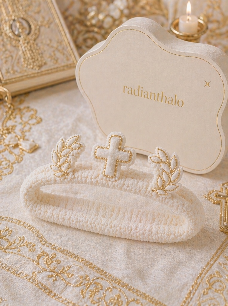 Wholesale Luxury Baptism Detachable Doll Headband with Cross & Laurel Appliqués – Ivory Newborn Ceremony Hair Accessory