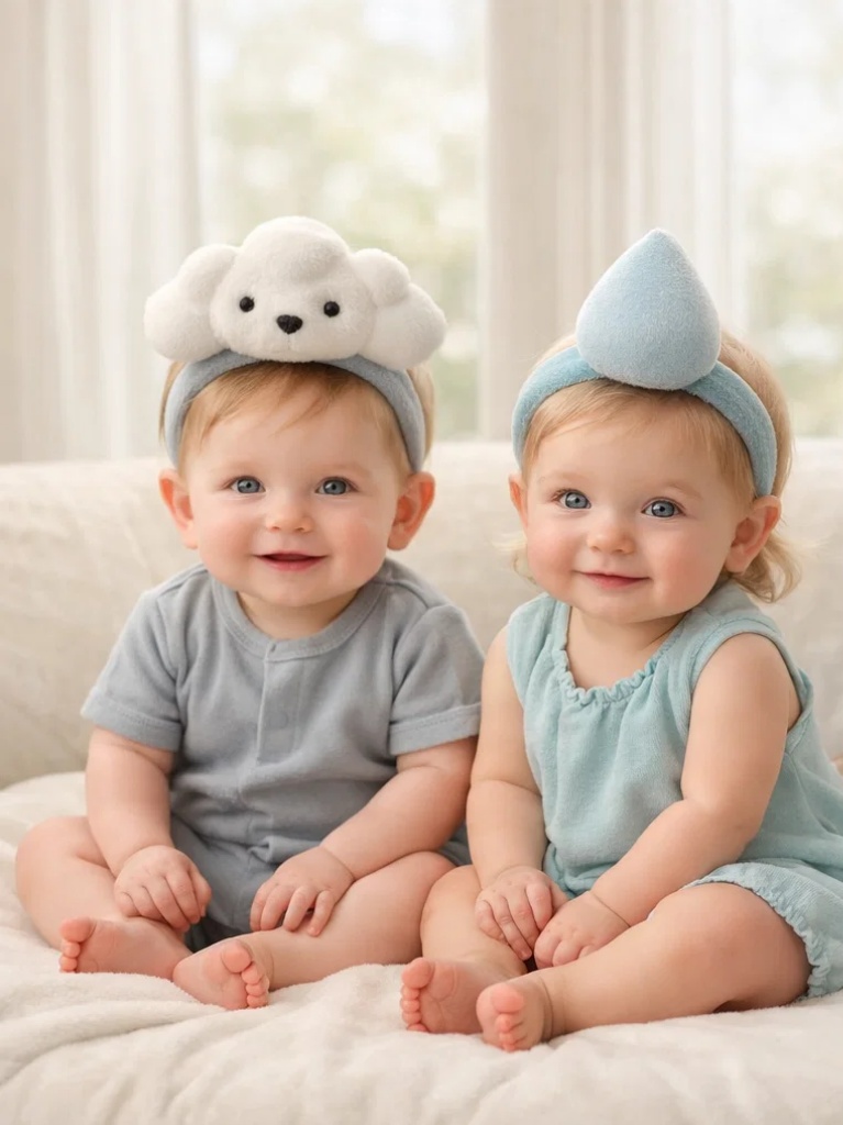 Baby-Geschenkset im Großhandel mit Plüsch-Stirnbändern Wolke und Regentropfen – weich, fototauglich und ideal für Boutique-Boxen