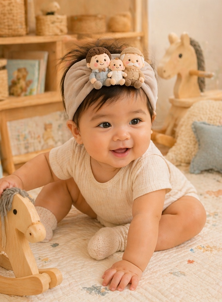 Wholesale Baby Doll Headband with Dad, Baby & Grandpa Plush Family Design for Boutiques