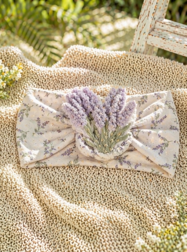 Faixa floral para bebê no atacado com buquê de lavanda de pelúcia removível, acessório de cabelo boutique macio e elástico