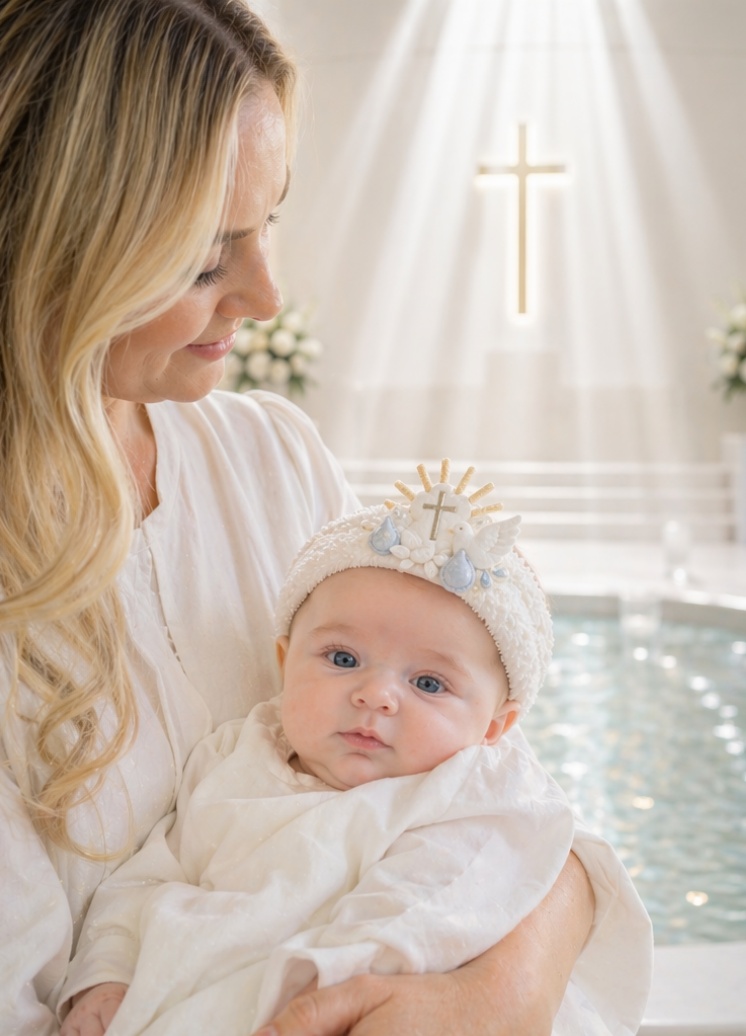 Wholesale Sacred Cross Baby Christening Headband with Detachable Water Drop Doll Topper