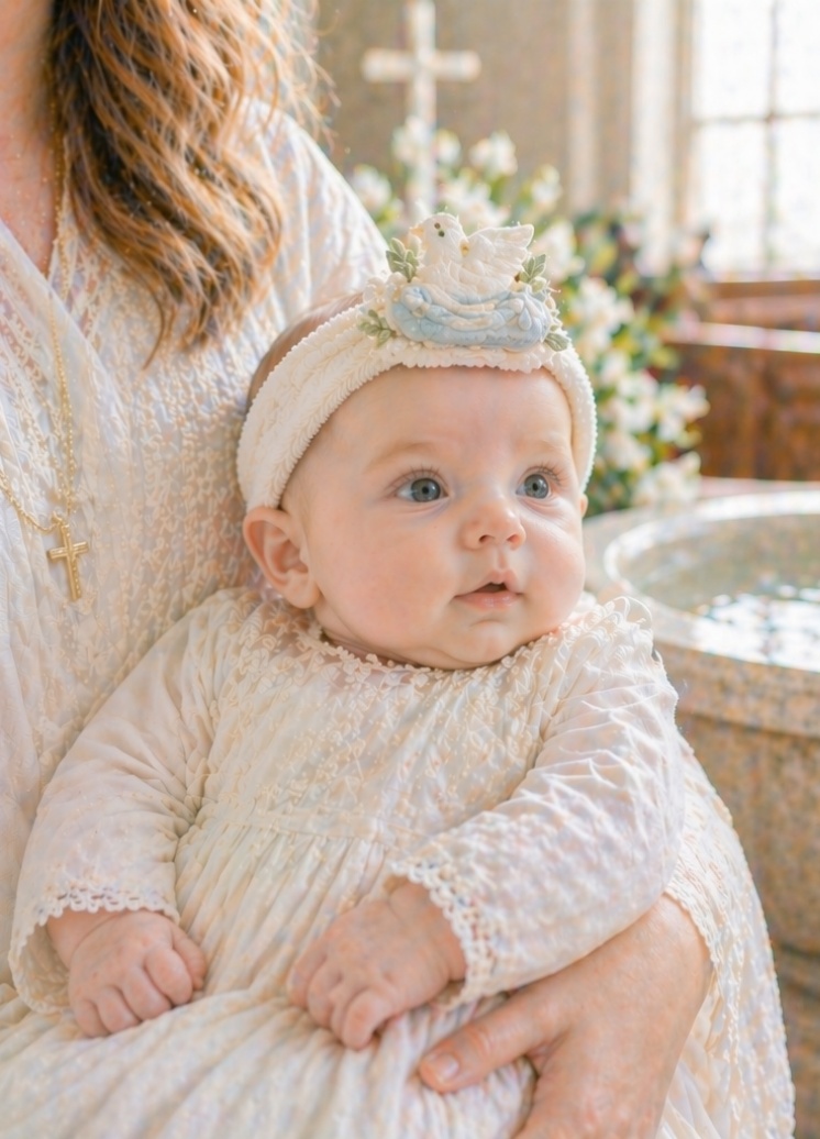 Private Label Dove Baptism Baby Headband with Removable Holy Spirit Doll Charm