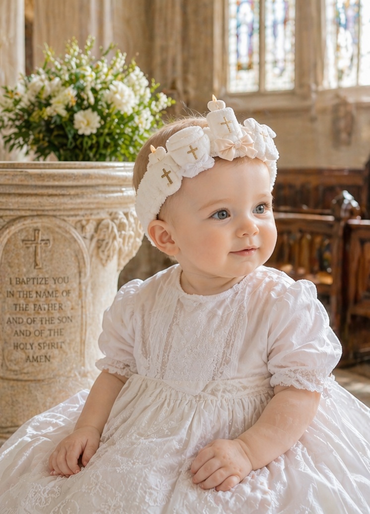 Bulk Triple Candle Baptism Baby Headband with Detachable Cross Doll Topper