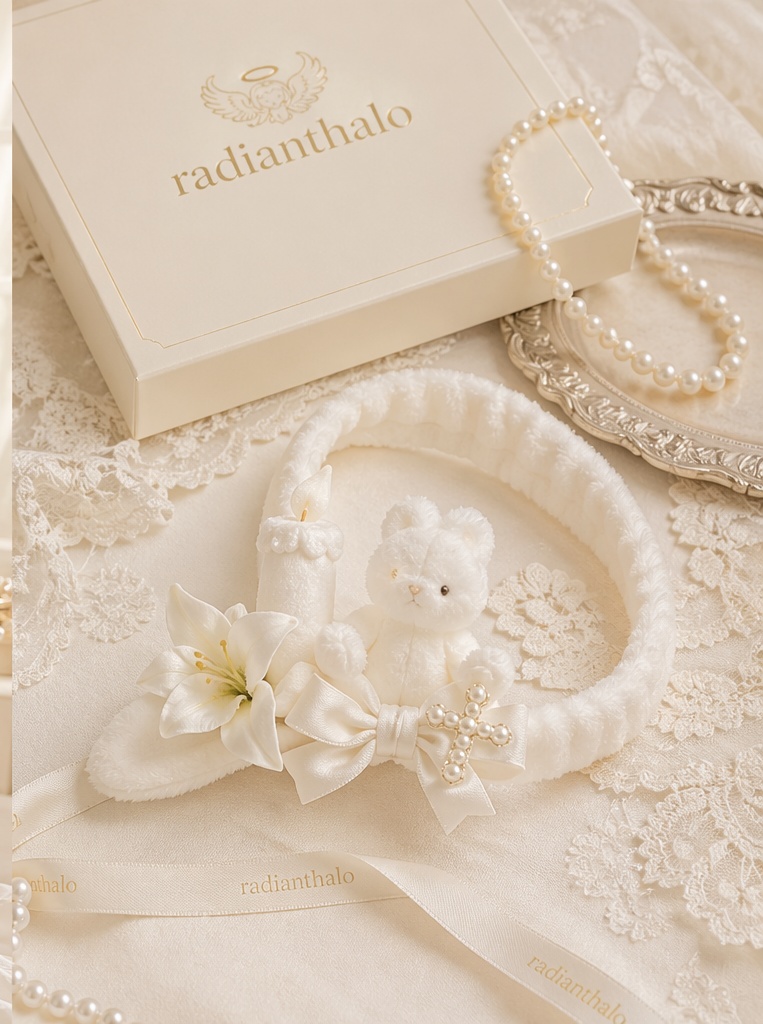 Bandeau de baptême bébé avec ourson bougie et lys amovibles