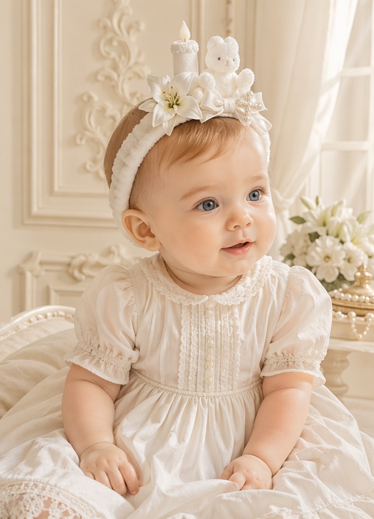 Bandeau de baptême bébé avec ourson bougie et lys amovibles
