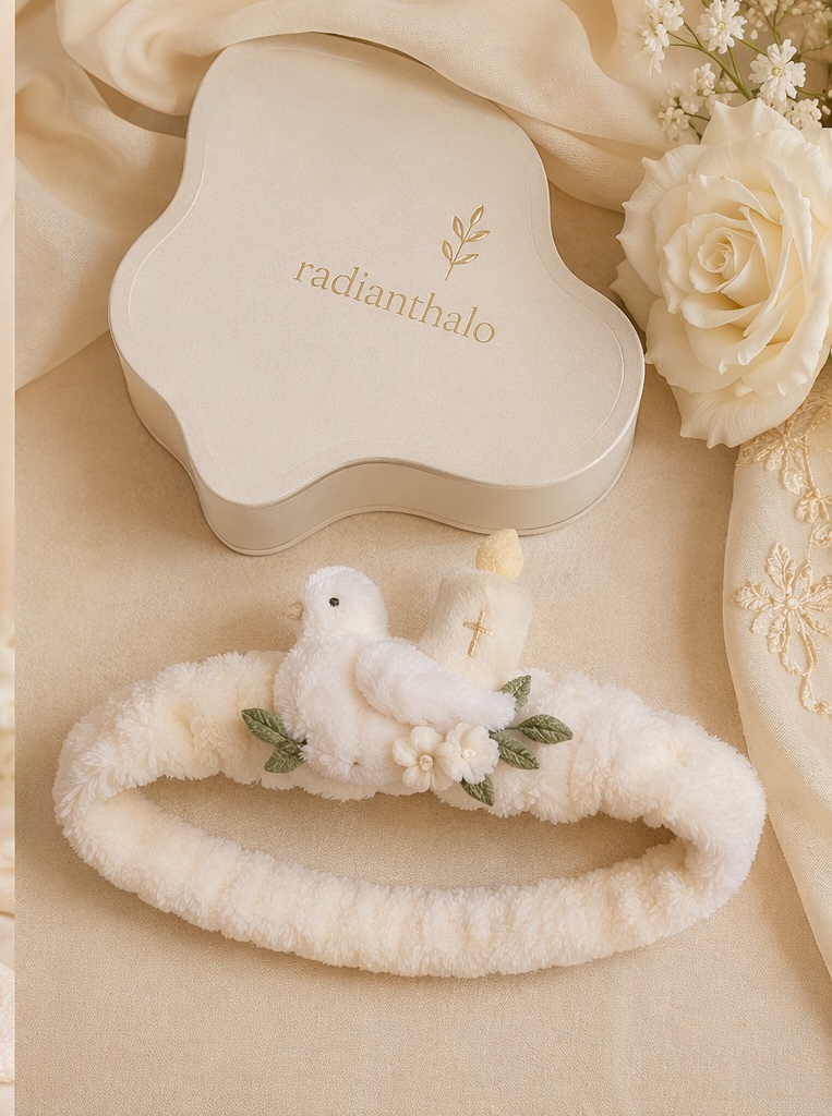 Faixa de Cabelo para Bebê Atacado com Pomba, Vela e Cruz para Batizado, OEM/ODM e Presente Boutique