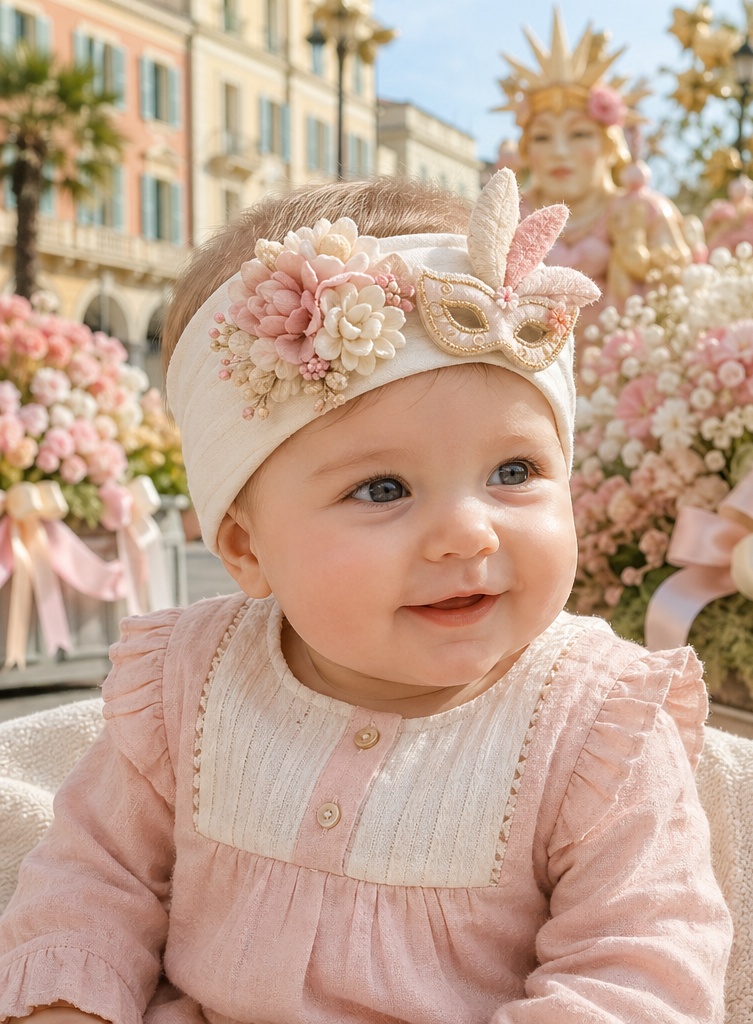 Grossiste B2B OEM/ODM Bandeau Bébé Personnalisé – Série Carnaval de Nice avec Masque, Fleurs et Plumes