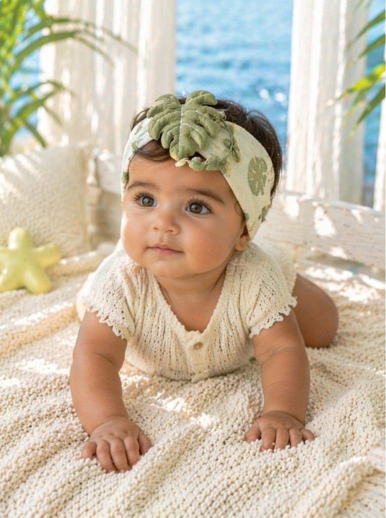 Nature-Inspired Baby Plush Doll Headband with Monstera Leaf Detail for Boutique and Private Label Buyers