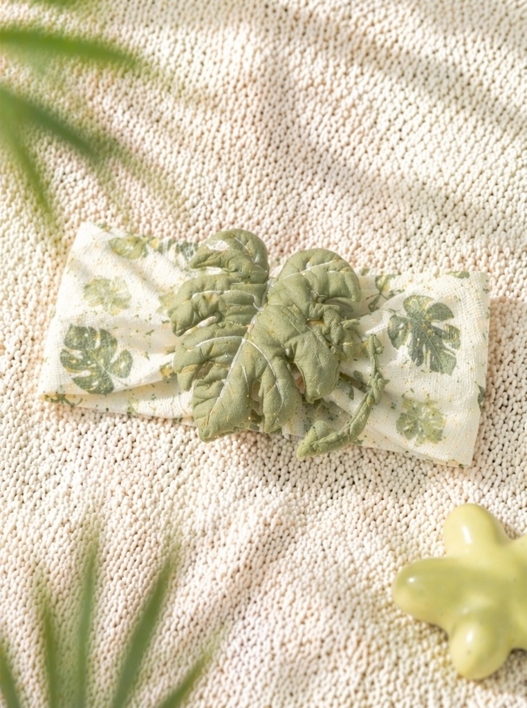 Nature-Inspired Baby Plush Doll Headband with Monstera Leaf Detail for Boutique and Private Label Buyers