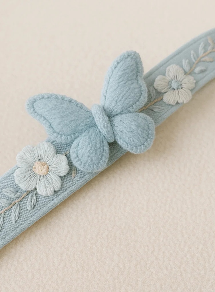 Bandeau bébé fait main brodé floral – Design élégant bleu et crème