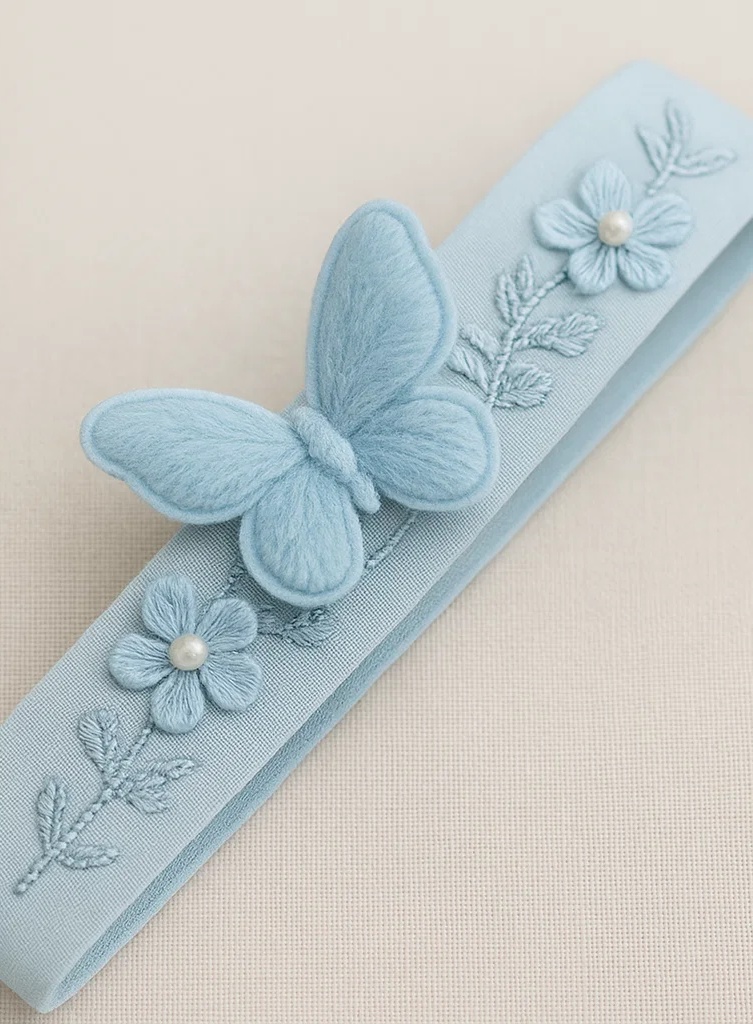 Tiara de Bebê Azul com Borboleta e Três Flores – Faixa de Cabelo Macia Feita à Mão com Contas Pendentes