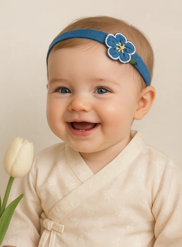 Embroidered Blue Five-Petal Baby Headband – Soft Elastic Hair Accessory