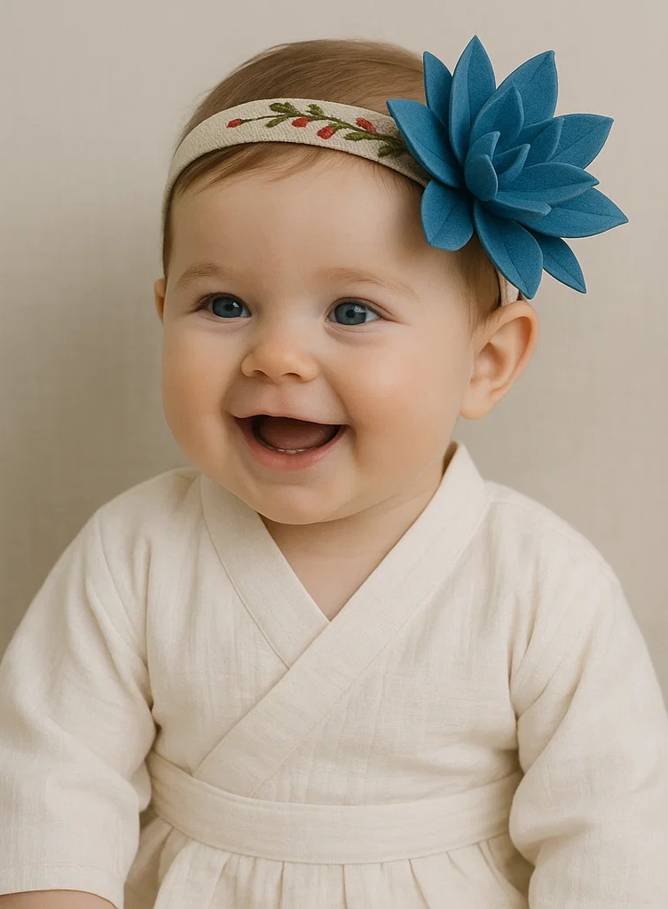 Blue Lotus Baby Headband with Embroidered Floral Band