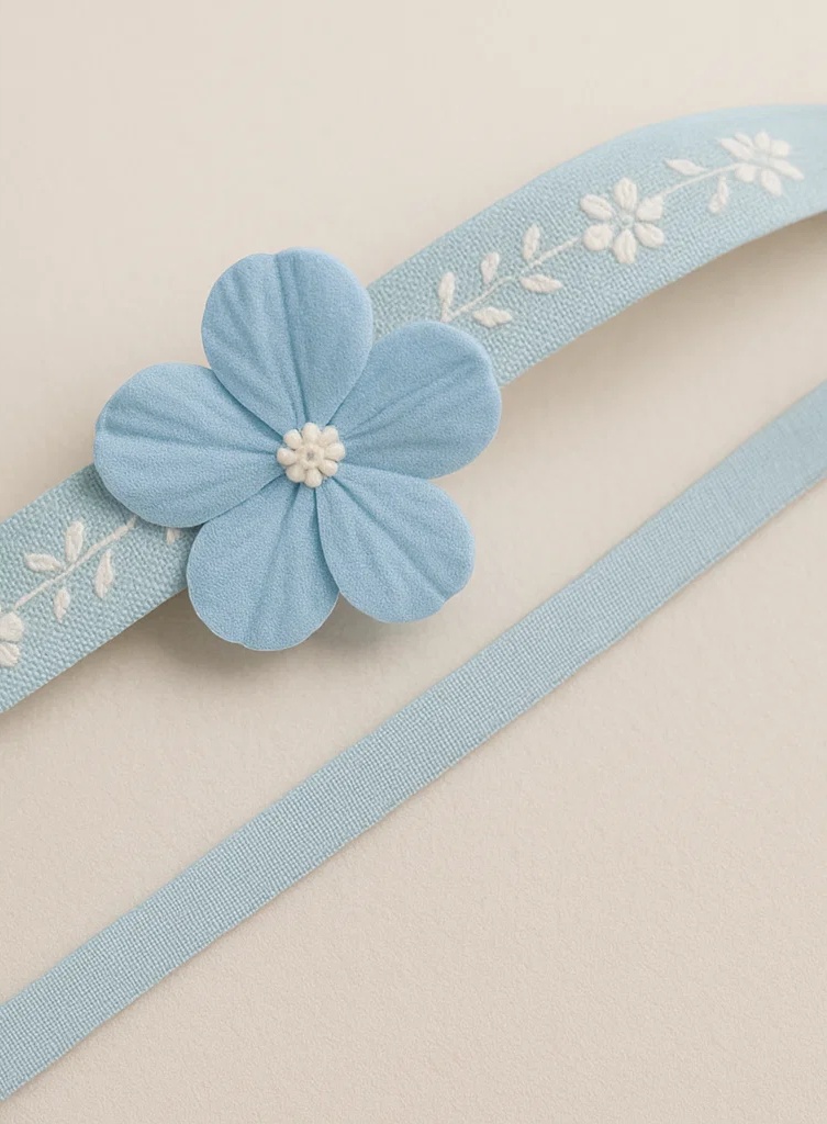 Diadema bordada para bebé con flor y detalle de hoja
