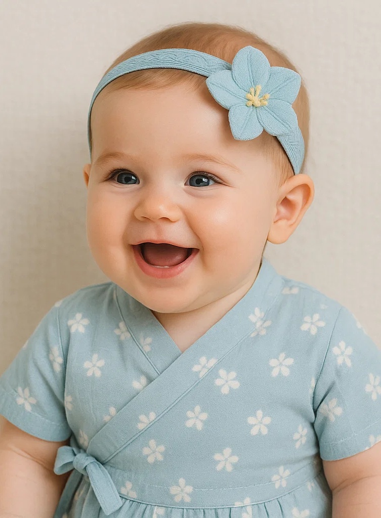 Light Blue Baby Headband with Embroidered Band and 3D Flower
