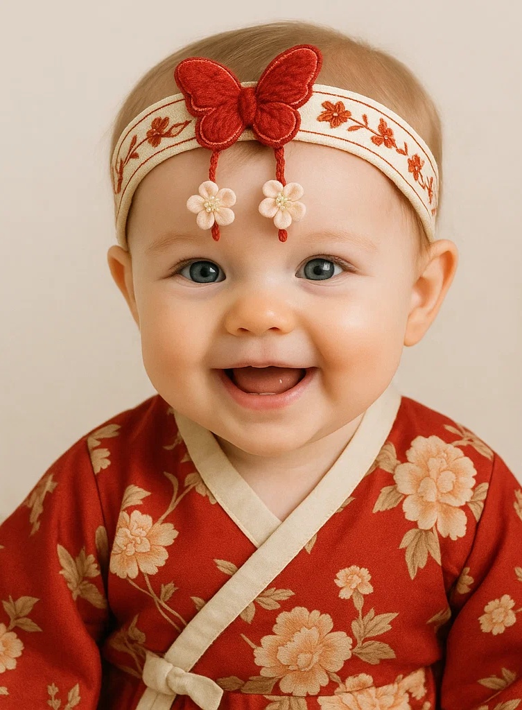 Red Butterfly Baby Headband with Embroidered Band and Hanging Flowers