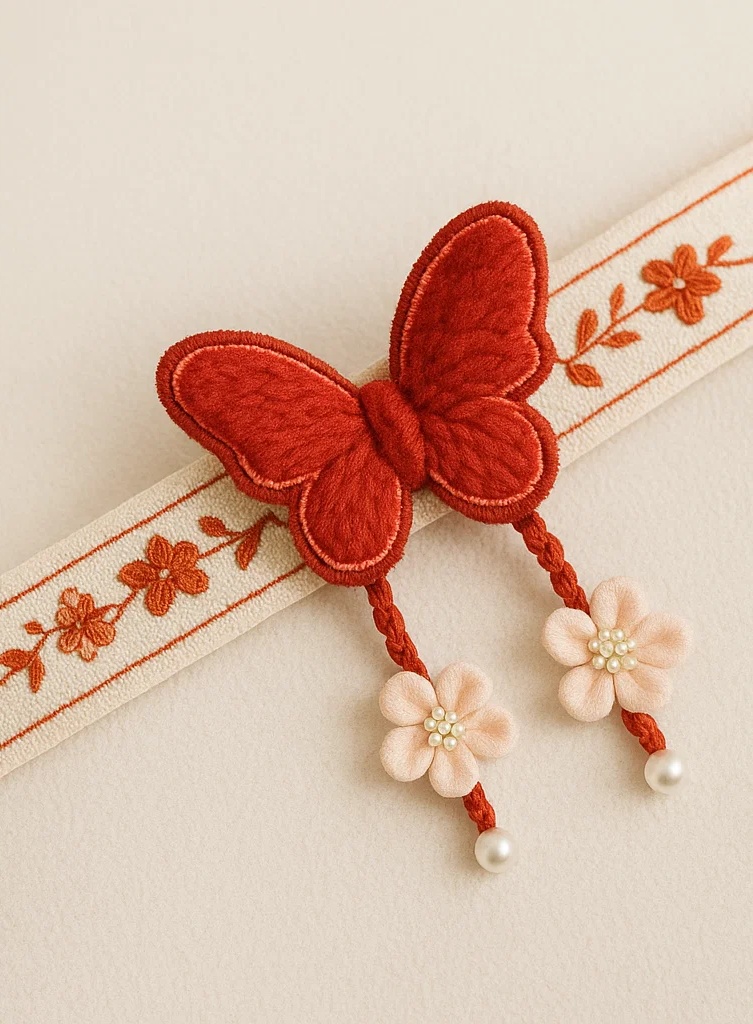 Red Butterfly Baby Headband with Embroidered Band and Hanging Flowers