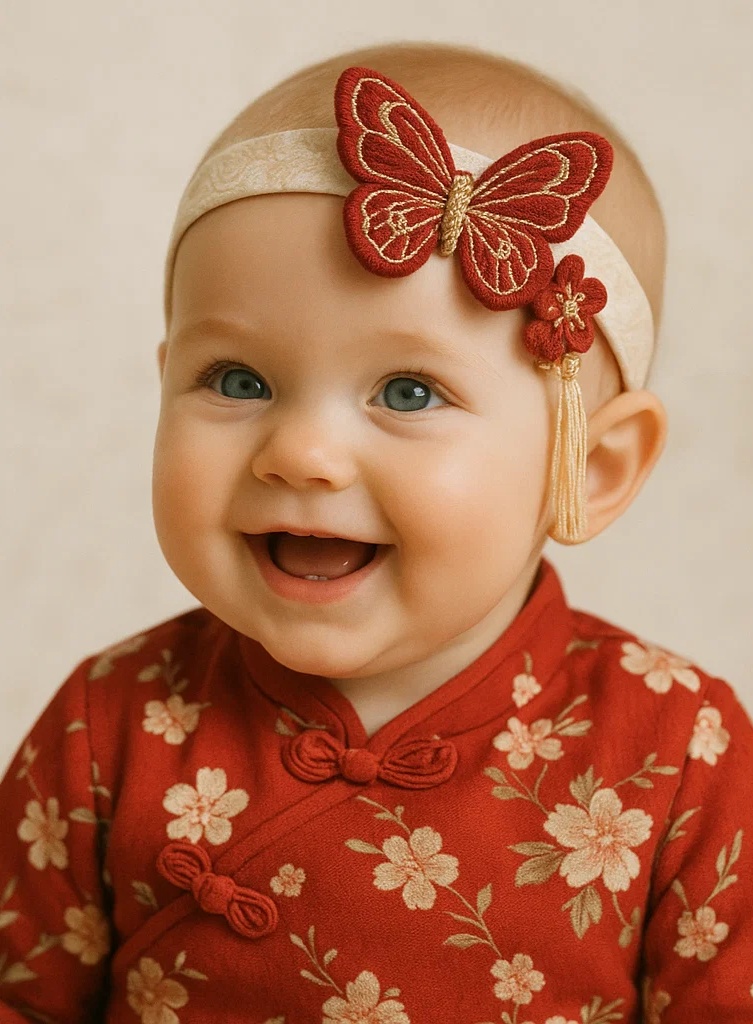 Red Butterfly Embroidered Baby Headband – Traditional Style
